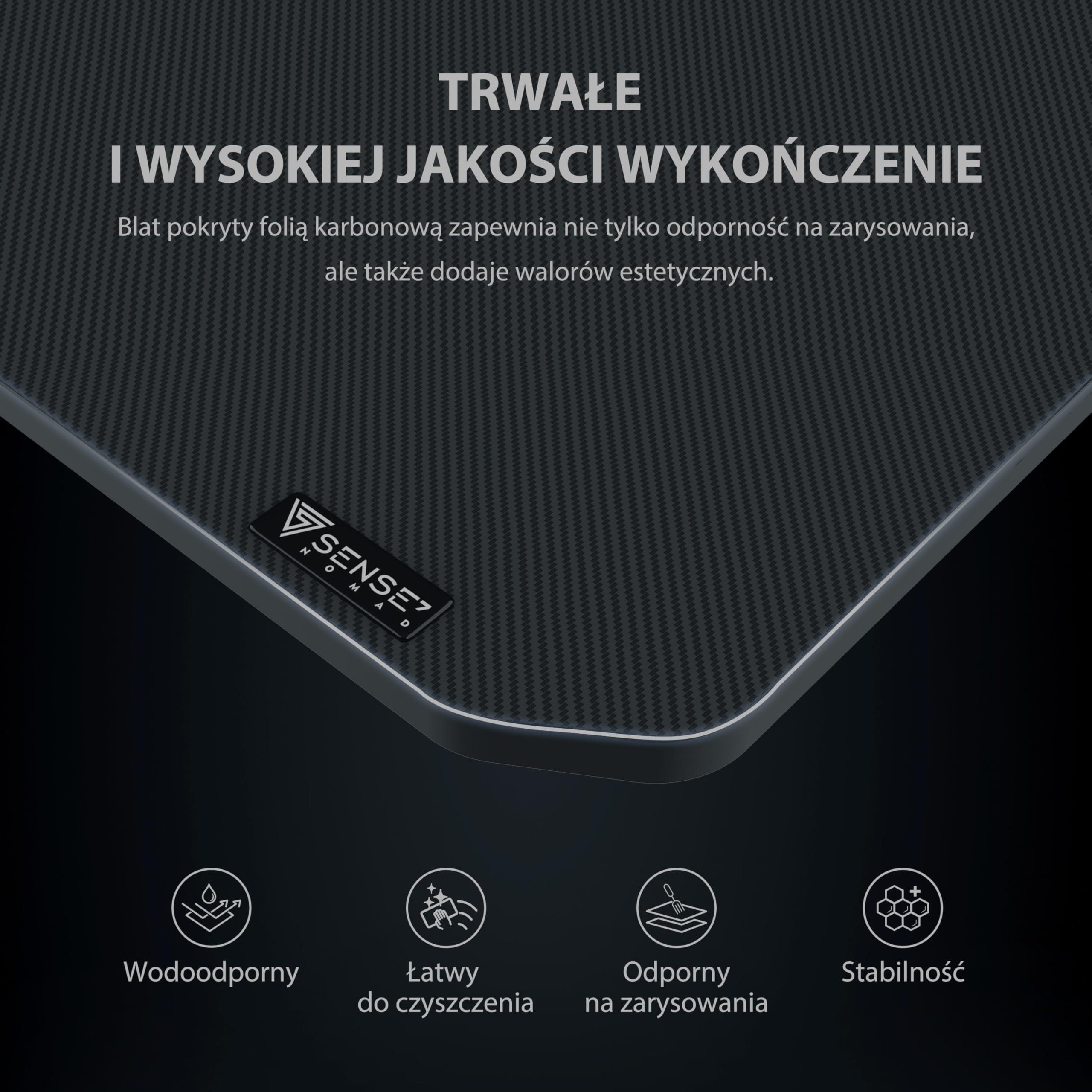 SENSE7 Biurko Gamingowe 140 x 60 cm z Uchwytem na Słuchawki, Kubek i Kontroler, Blat z Powłoką Carbon, Czarne Biurko dla Graczy, Udźwig do 80kg (Nomad Basic)
