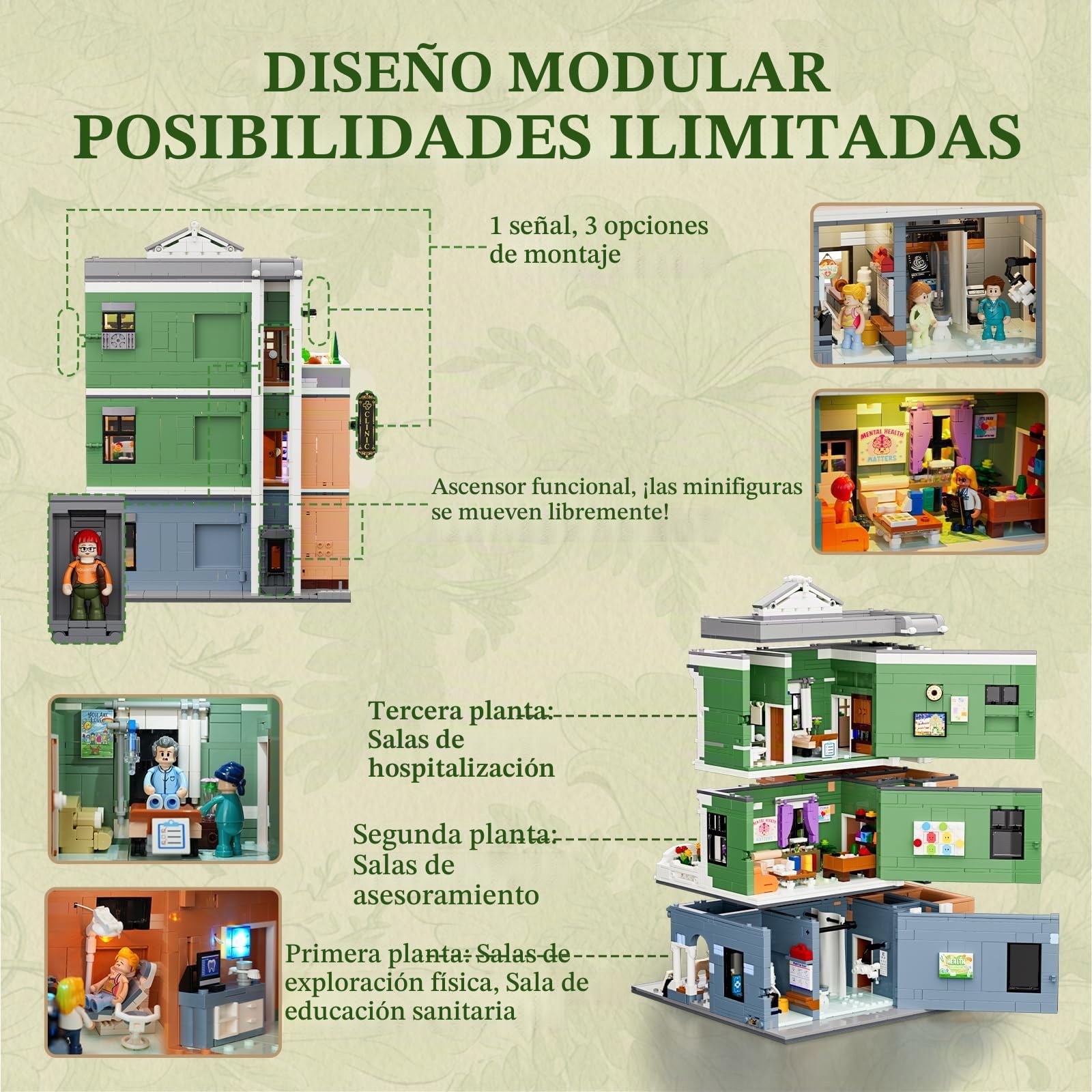 LUMIBRICKS Greenway Clinic Set de bloques de construcción iluminados, clínica de 3 plantas con luz LED, 1800 piezas Edificio modular con ascensor e interiores, regalo para adultos