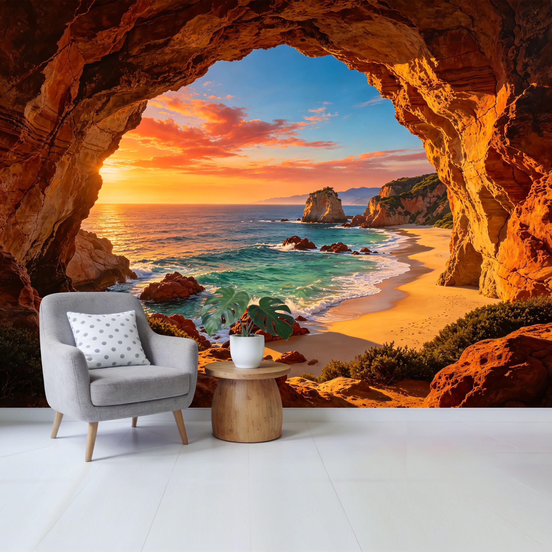 Custom Size Wall Mural Coastal Sunset Beach Cave Ocean View Landscape Removable Self Adhesive Fabric Home Wall Decor for Living Room Bedroom Bathroom