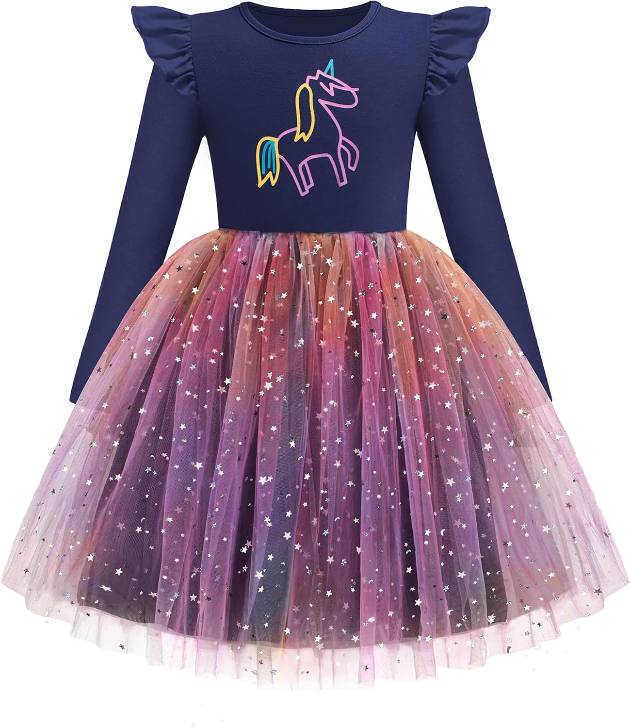Arshiner Toddler Girls Tutu Dresses Long Sleeve Ruffle Fall Winter Holiday Star Sequin Tulle Dress 2-6Y