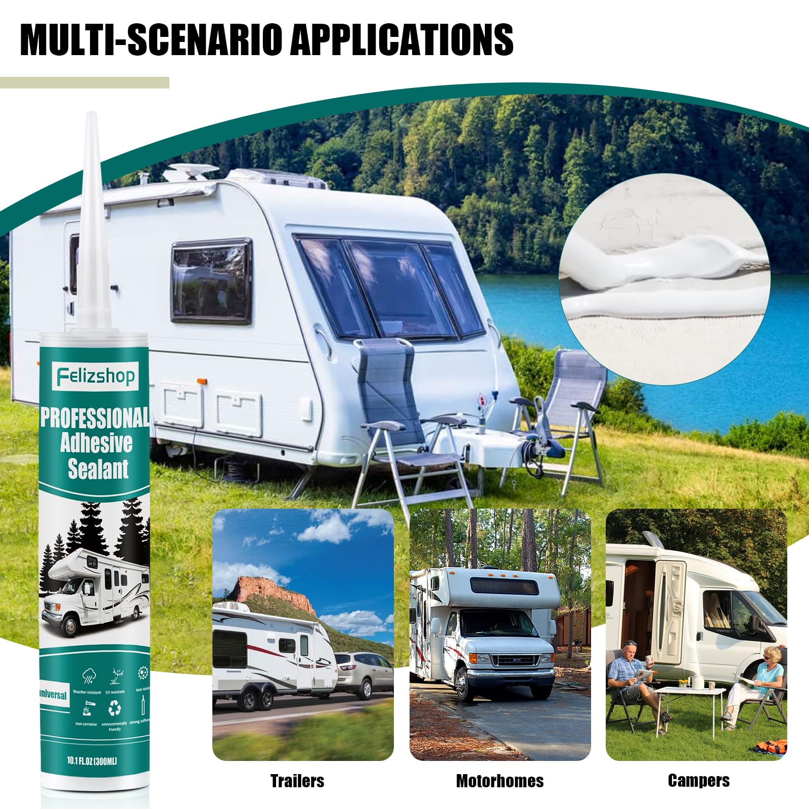 Sellador de techo para autocaravanas y autocaravanas, color blanco, autonivelante, impermeable, para autocaravana, sellador de sil