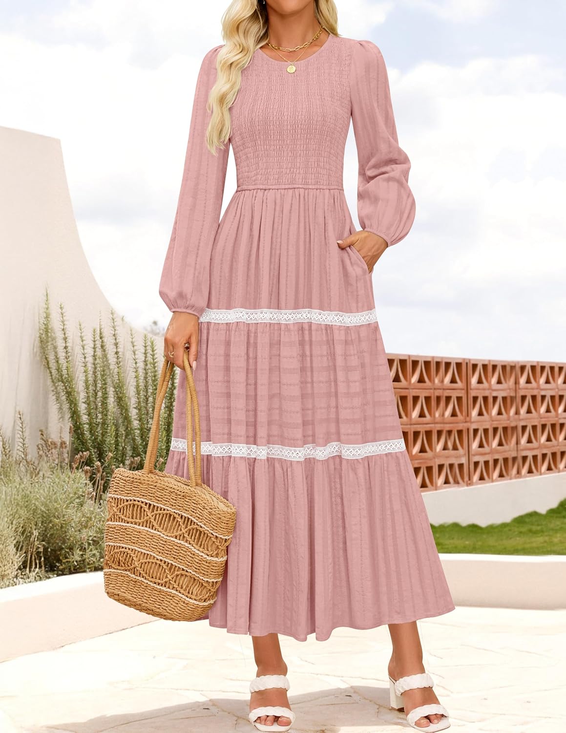 ZESICA Women's Spring Long Sleeve Maxi Dresses 2026 Casual Crewneck Smocked A Line Tiered Flowy Wedding Guest Long Dress - Image 2
