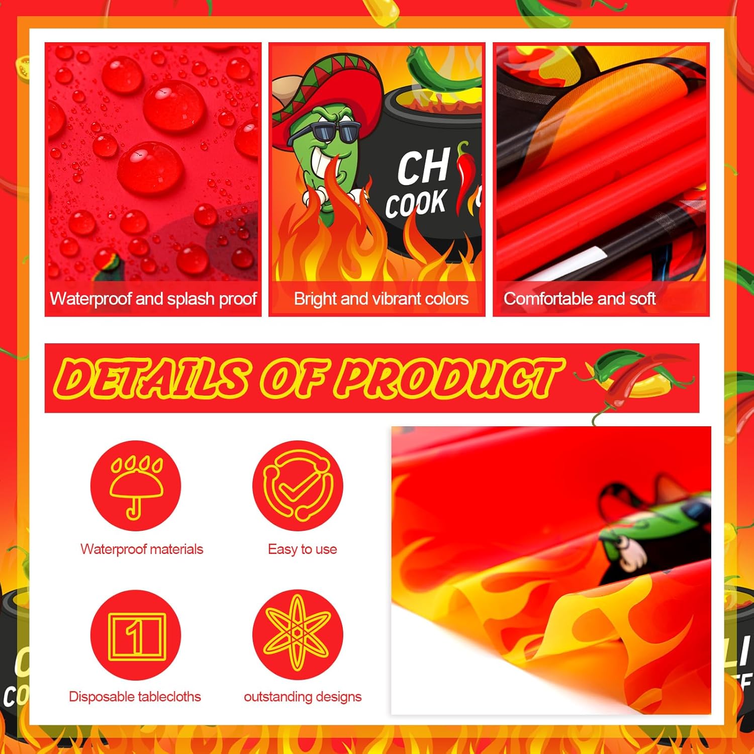 Oudain 3 Pcs Plastic Chili Cook Off Tablecloths, Chili Pepper Party Favor Supplies, Disposable Cinco De Mayo Pepper Hot Flame Table Cover for Mexican Theme Cooking Party Decor, 108 x 54 Inch - Image 4