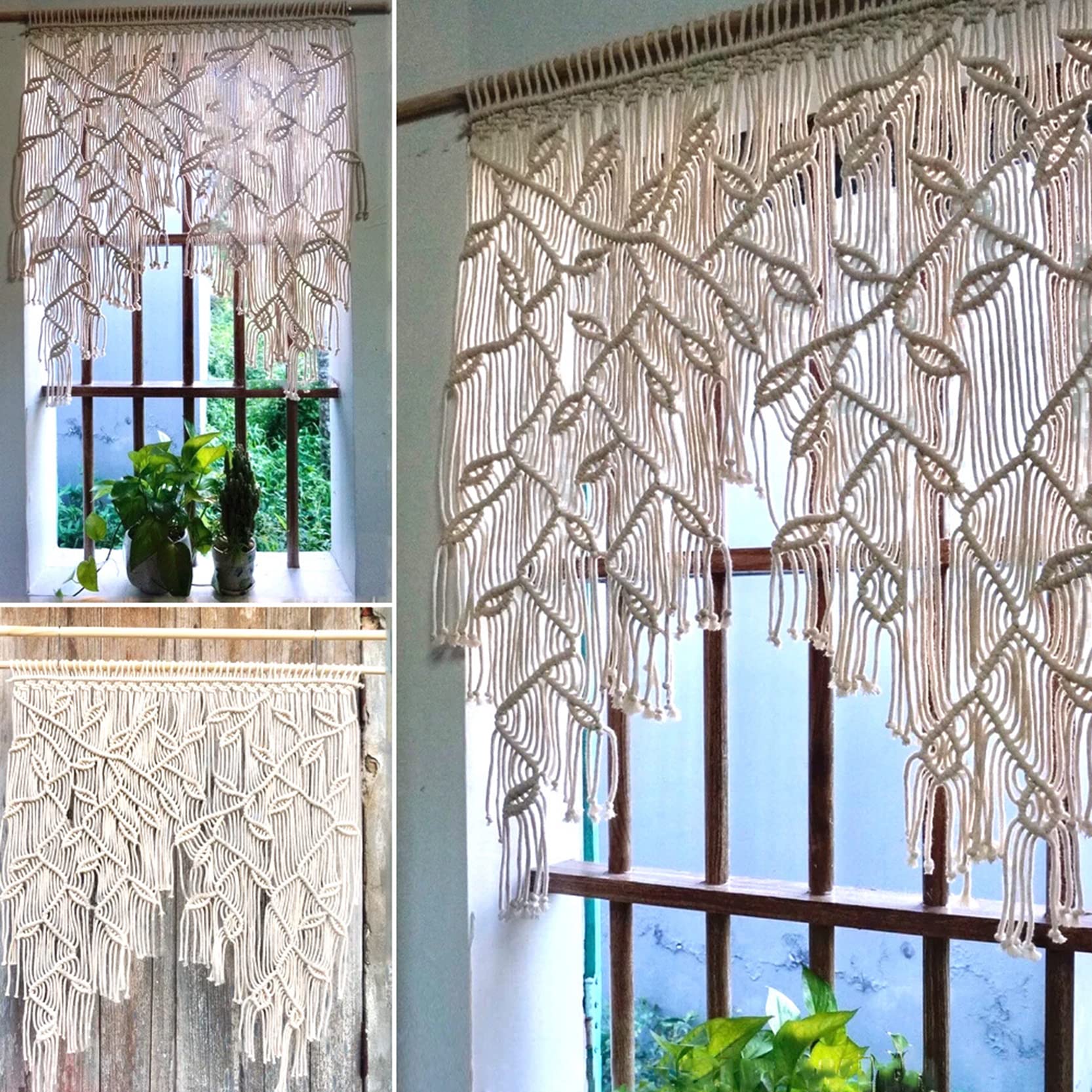 Rideaux de fenêtre en macramé faits à la main en coton naturel tenture murale tapisserie décoration d'intérieur art beige 100 x 100 cm parfait pour la décoration du salon et de la chambre à coucher
