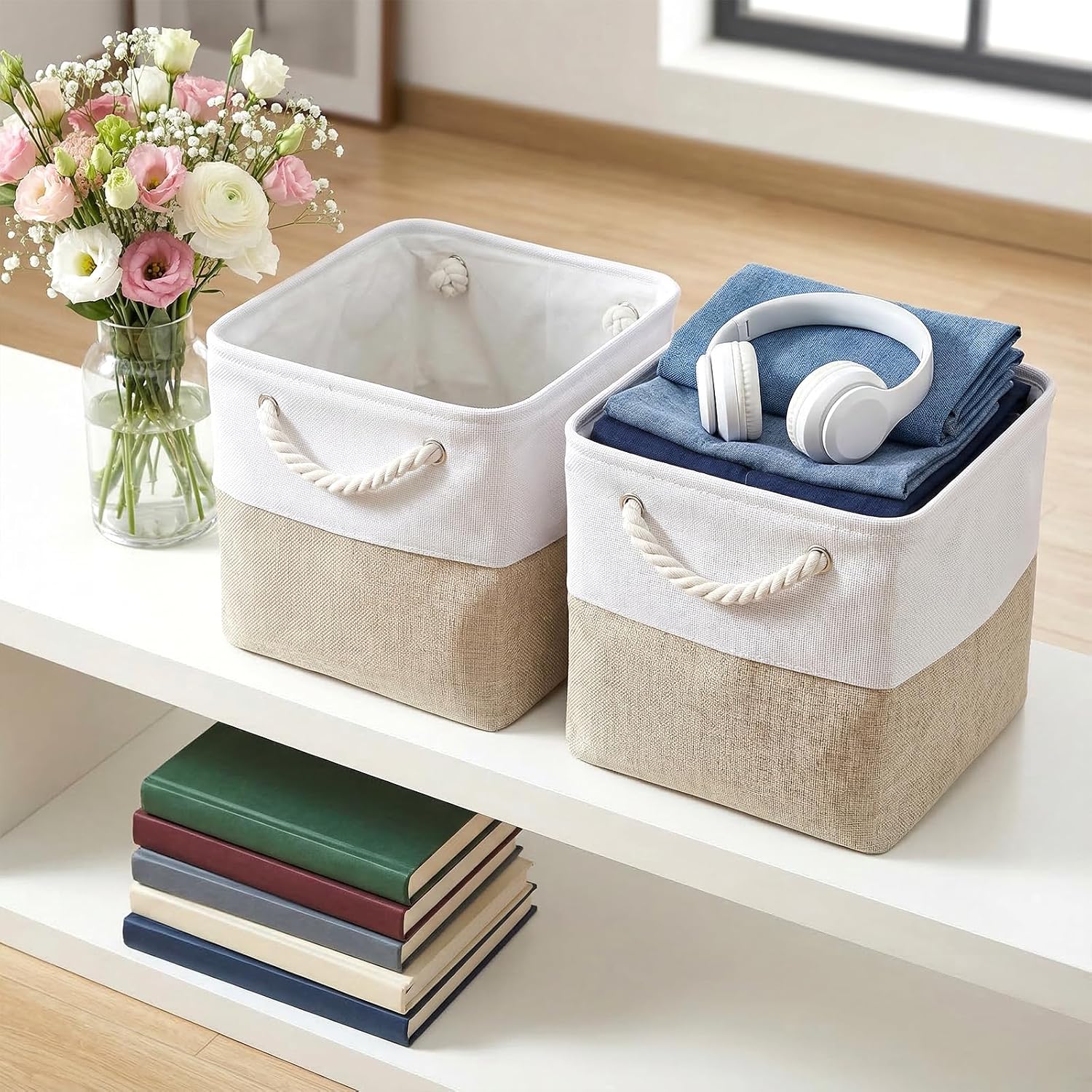 6 Pack 11.5 Inch Cube Storage Bins – Foldable Fabric Storage Cubes with Rope Handles, Sturdy Linen Baskets for Closet Organization, Shelves, Clothes, and Towels (White & Beige)