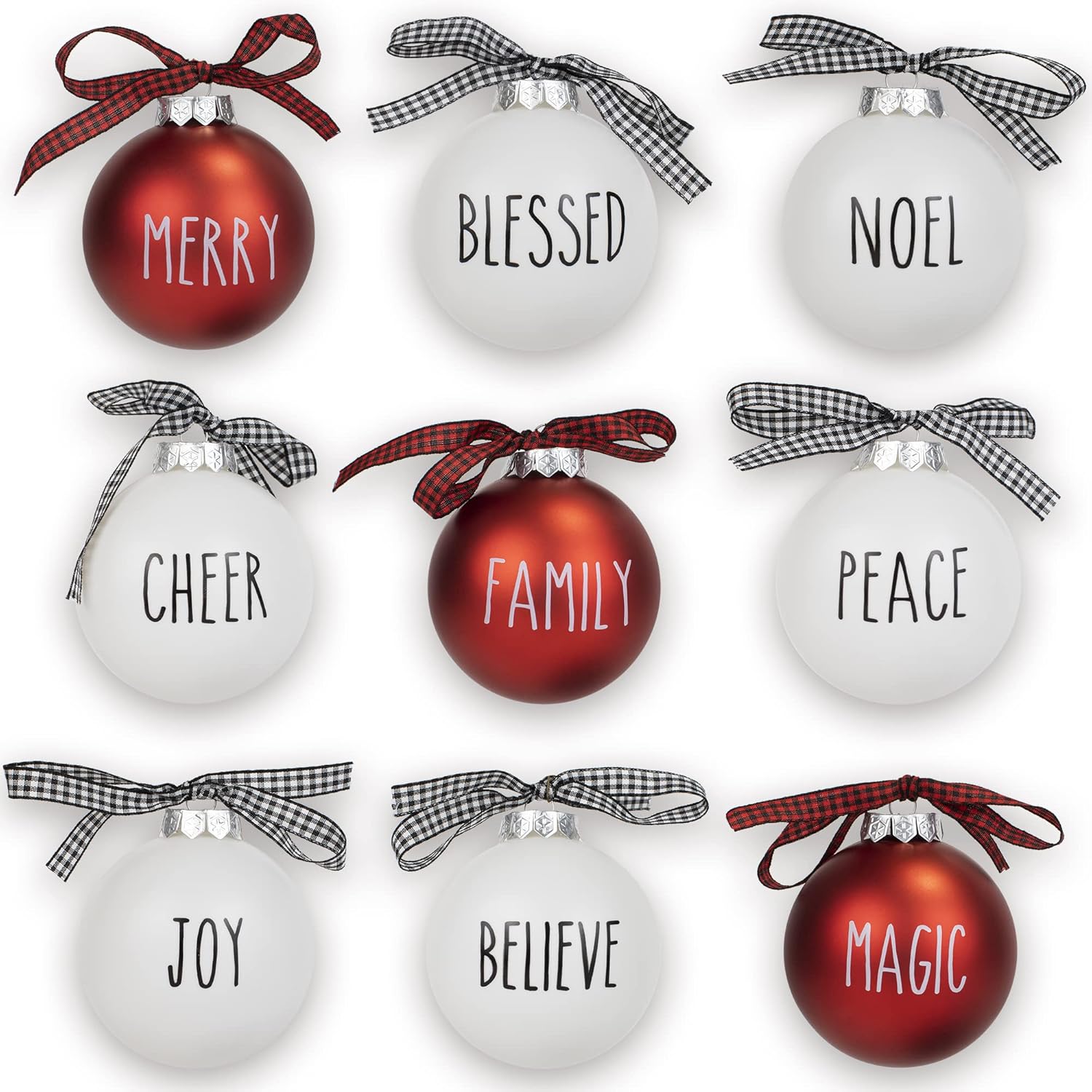 Farmhouse Christmas Tree Ornaments with Buffalo Plaid Bows Beautiful Set of 9