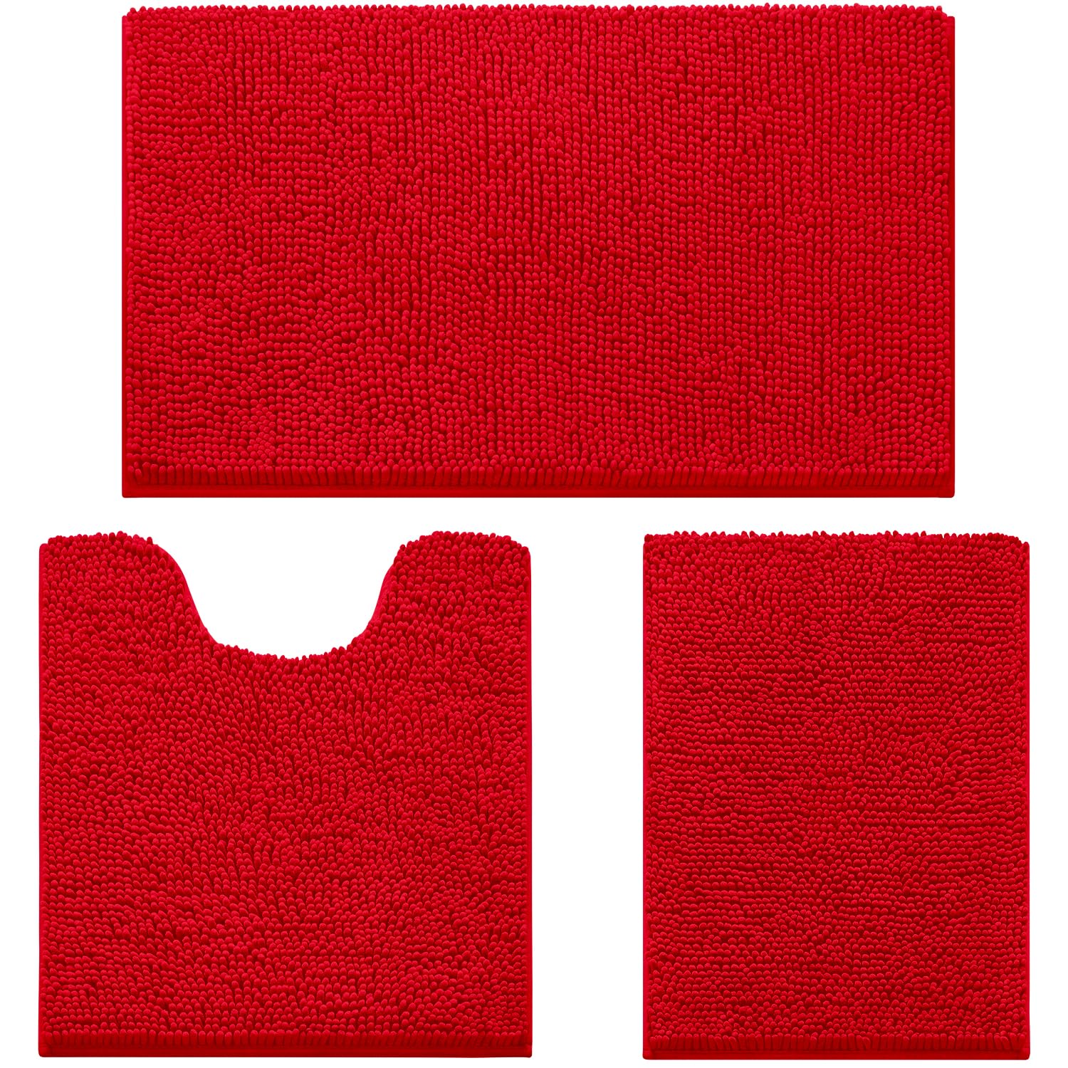 HOMEIDEAS 3 Pieces Bathroom Rugs, Ultra Soft Non Slip Absorbent Chenille Toilet Bath Mat Set (Red)
