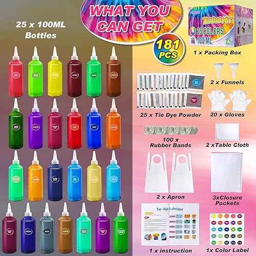 Miniatura 2 de Kit de teñido anudado de 3.4 onzas, 25 colores para niños, kit de teñido anudado no tóxico para grupos grandes, suministros de tinte de tela para