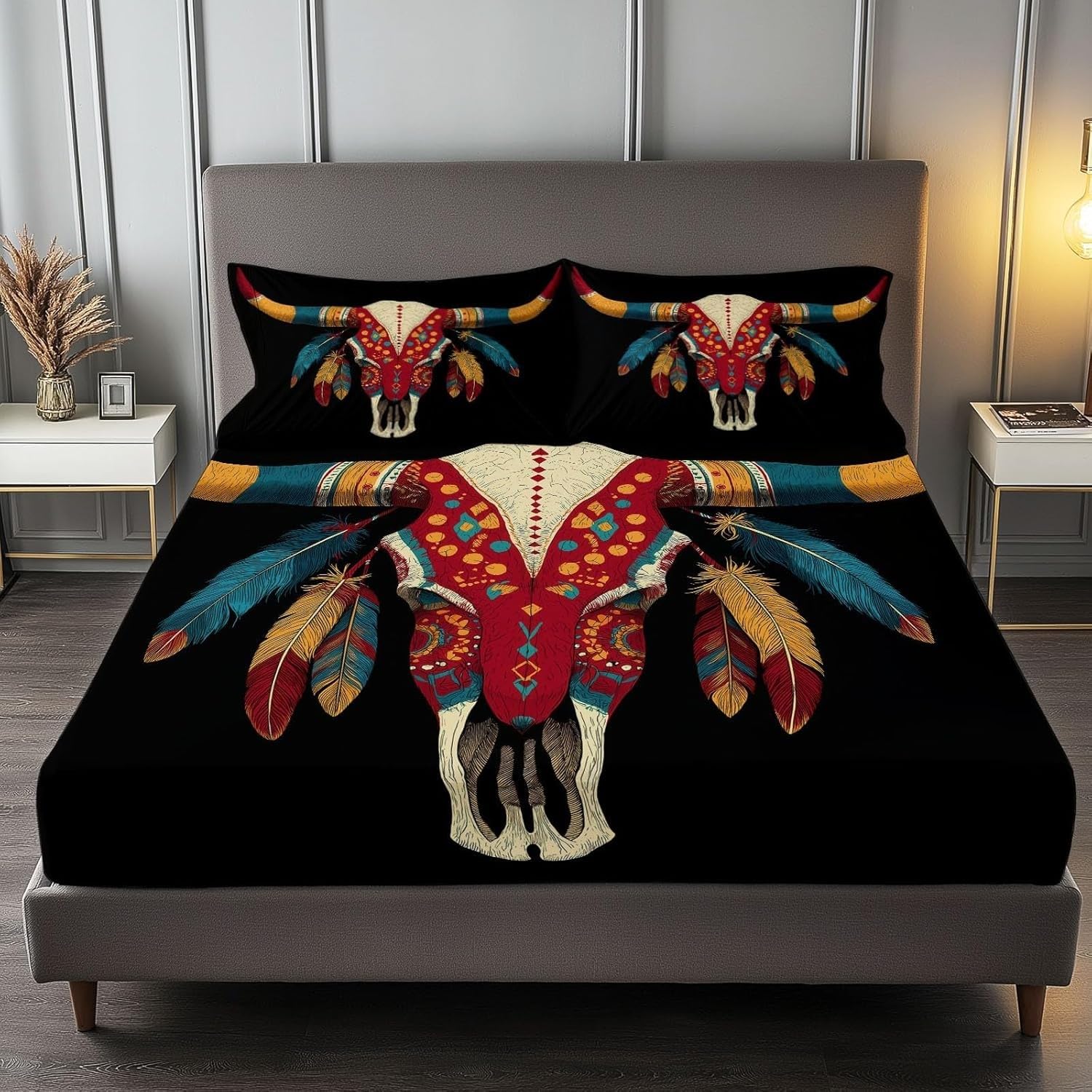 Boho Style Fitted Sheet Bull Skull Bed Sheets Deep Pocket 12 inch (30 cm) Soft Cozy 3 Piece Microfibre Bed Sheet 200x200 cm with 2 Pillowcases 50x75 cm