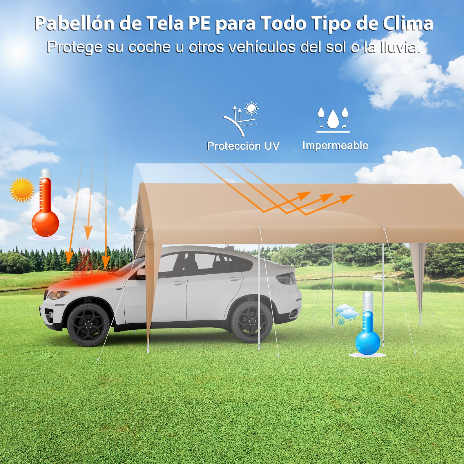 COSTWAY Carpa de Garaje Portátil de 3 x 6m, con Estructura de Metal Galvanizado, Lona Exterior para Coche, Barco o Fiesta (sin Laterales Removibles)