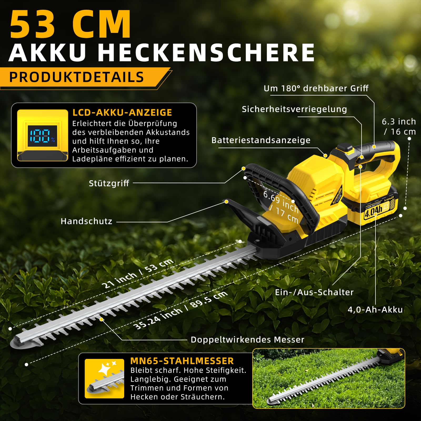 53cm Akku Heckenschere mit 2x4.0Ah Akkus und Ladegerät - 21V Leichte Elektrische Heckenschere mit Akku, 16mm Zahnabstand, 180° Drehbarer Griff, Heckenscheren für Garten und Sträucher