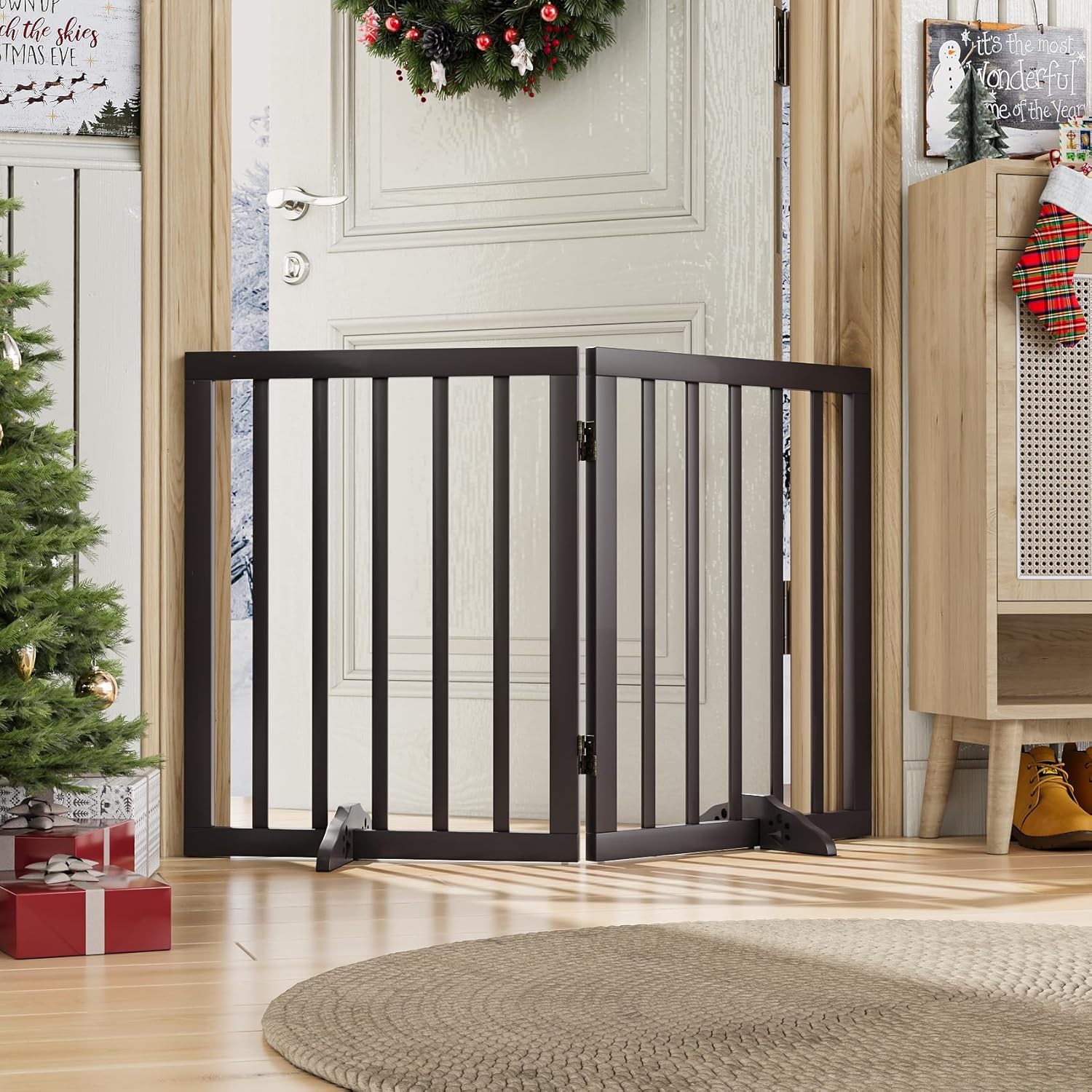 Freestanding Foldable Dog Gate 2 Panel,Fully Assembled Dog Gates for Doorways, Wooden Pet Gates for The House, 24-inch Tall Pet Gate Indoor Dog Gate Brown 2 Panel - 37 inches Wide