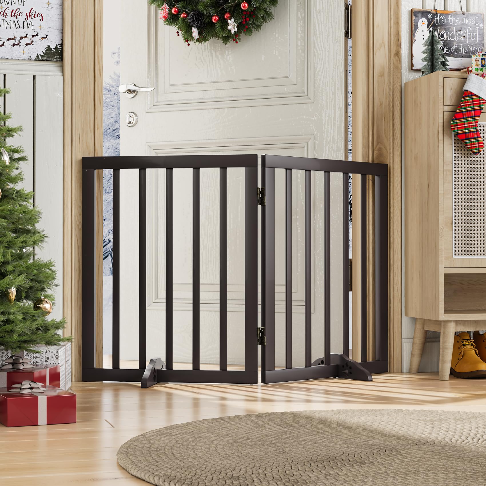 Freestanding Pet Gate Foldable Dog Gate,Walnut Bamboo Dog Gates for Stairs Doorways House Indoor (2 Support Feet Included) — view 26