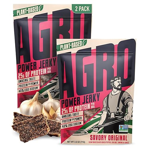 Miniatura 8 de AGRO Power Jerky a base de plantas, snack de proteína magra con 0.88 oz de proteína por bolsa y cero colesterol, sin carne, paquete de 2 unidades,