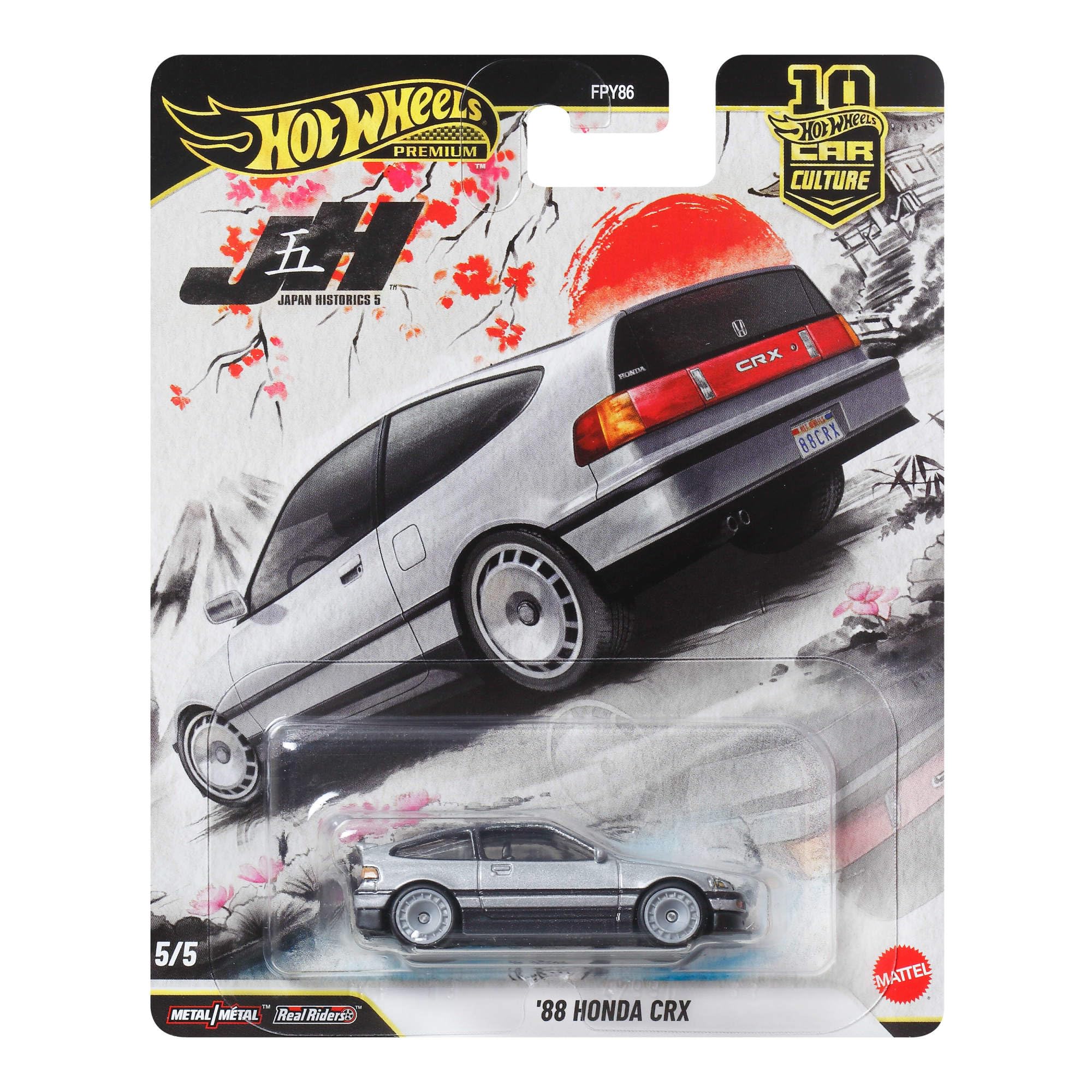 Hot Wheels 88 Honda CRX Autokultur-Fahrzeug, hochwertiges Spielzeugauto im Maßstab 1:64 aus Druckguss mit Real Riders-Reifen und Metall-/Metallkarosserie und -Fahrgestell, JKF13