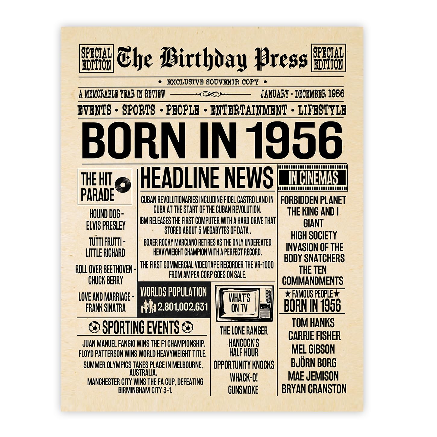 Stuff4 Men's 1956 70Th Birthday Poster Unframed - Born In Newspaper - Happy 70Th Birthday Gifts For Wo Vintage Retro Back In 8X10 Inch Bday Party Decor Decoration