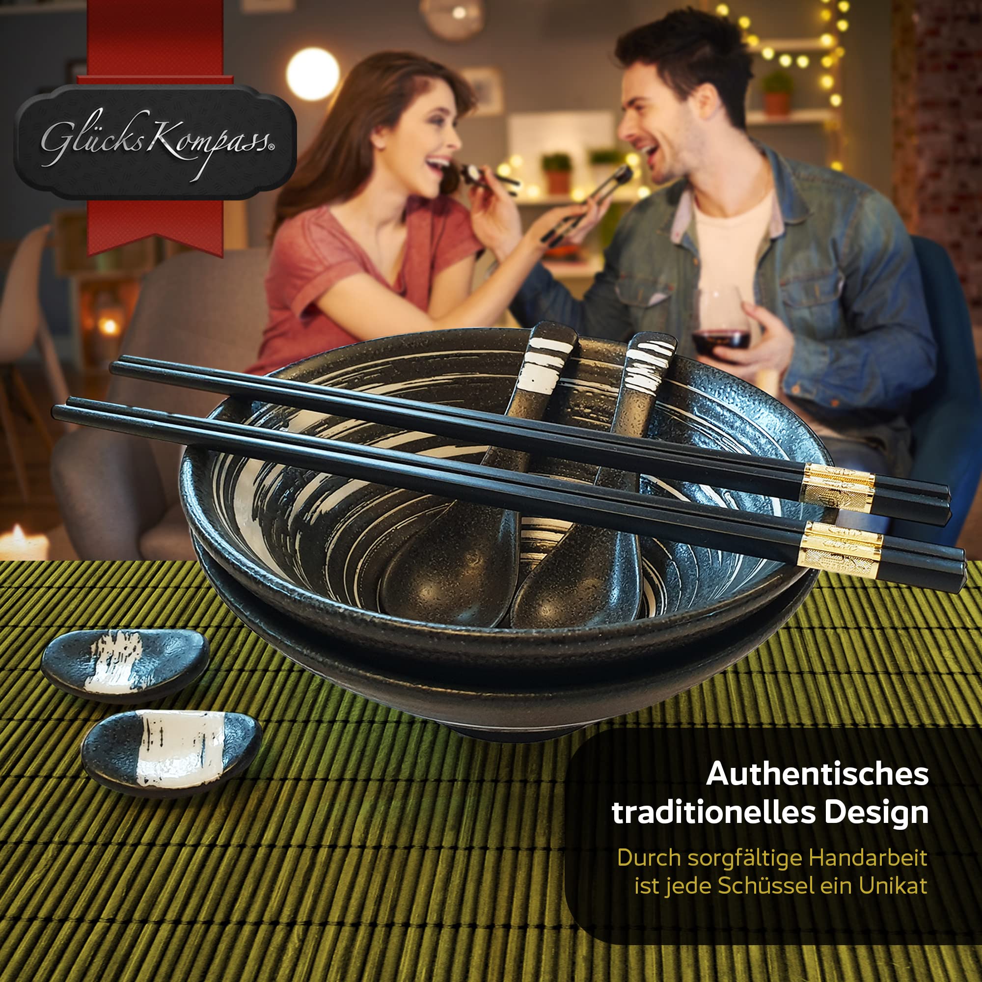 Japanisches Ramen Schüssel Set aus Keramik (8-tlg), groß: 20 cm Durchmesser | Bowl Suppenschüssel asiatisch Reisschale chinesisch Schale Thai Geschirr Löffel Essstäbchen Stäbchen