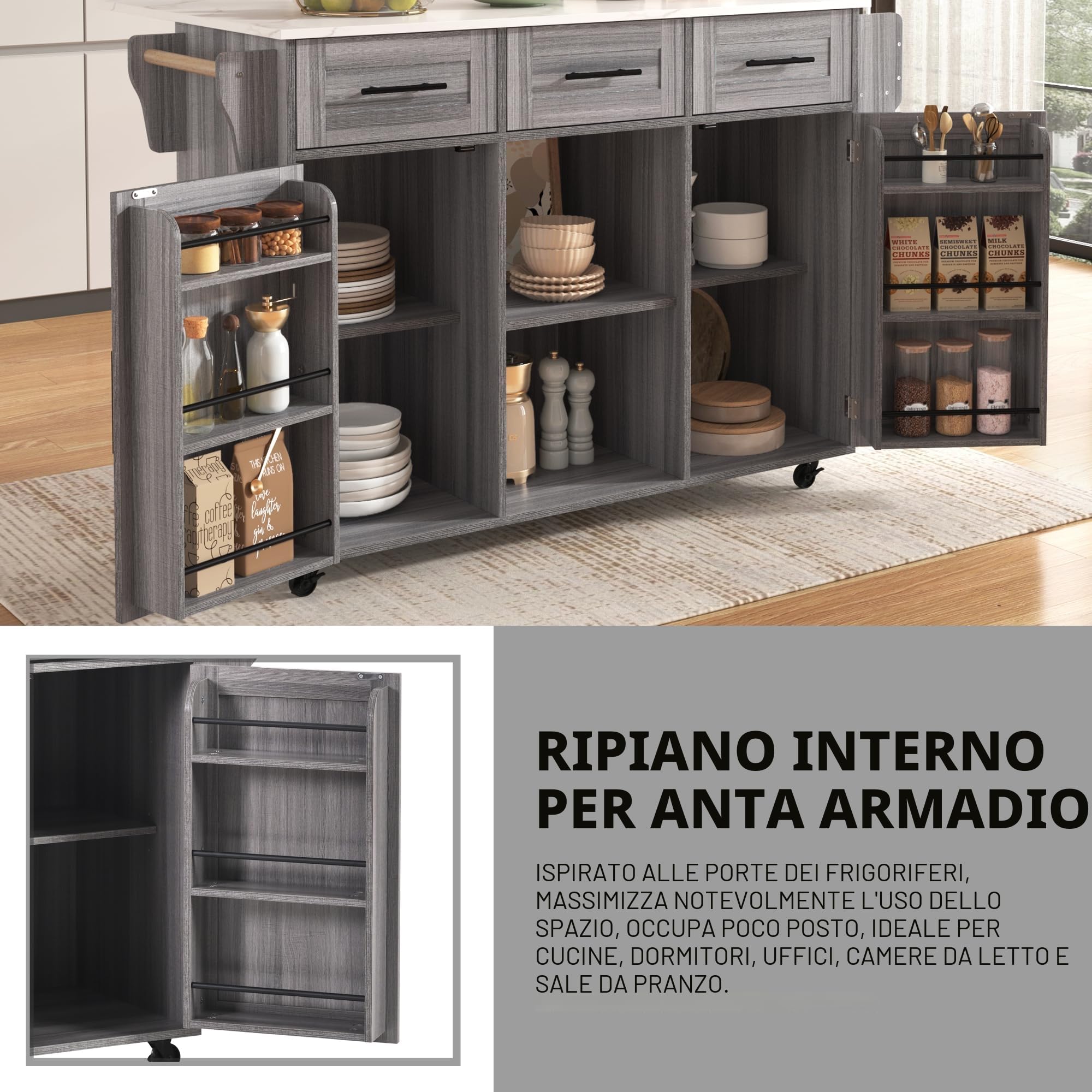 Isola della cucina con piano di lavoro pieghevole, carrello da portata mobile con 3 cassetti/2 armadietti/piedini in legno massello intercambiabili, 129 x 46 (71) x 91,5 cm