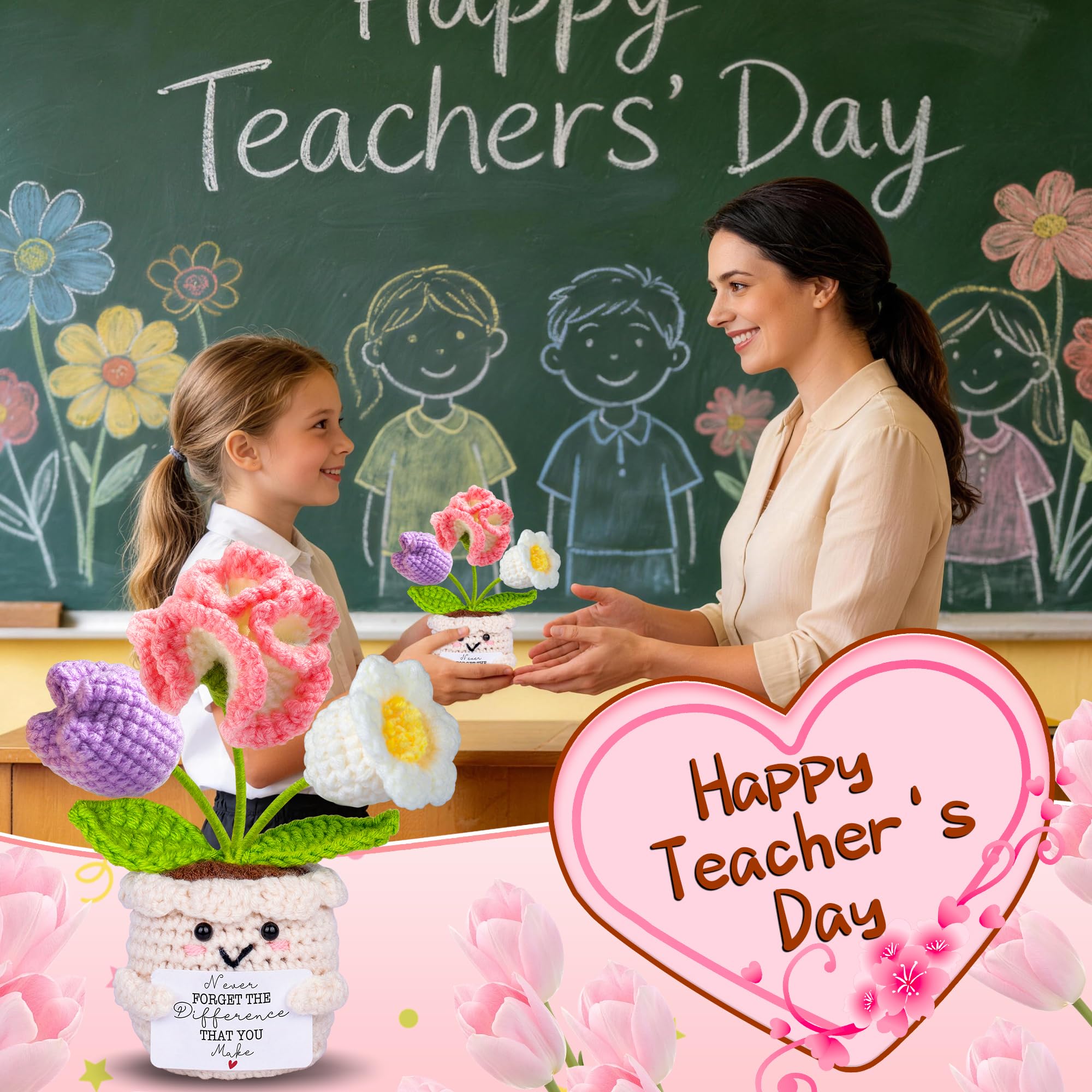 Teacher Appreciation Gifts, Thank You Teacher Gifts, Graduation Birthday Retirement Gift for Teachers Mentor Coworker Boss, Cute Handmade Crochet Carnations 3 Flowers Pot Doll Teacher's Day Bulk Gift - 3