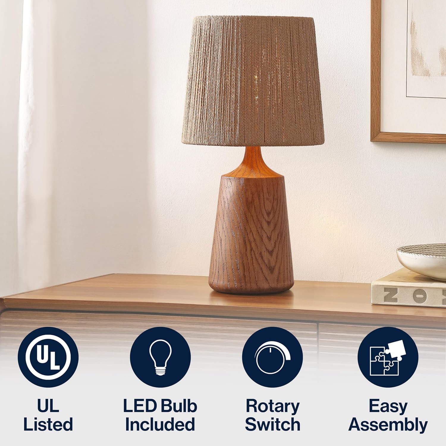 JONATHAN Y 22.25" Brown Wood Finish Classic Cottage Table Lamp for Bedroom, Tapered Resin Body with Brown Paper Rope Shade, LED Bulb Included JYL9201A