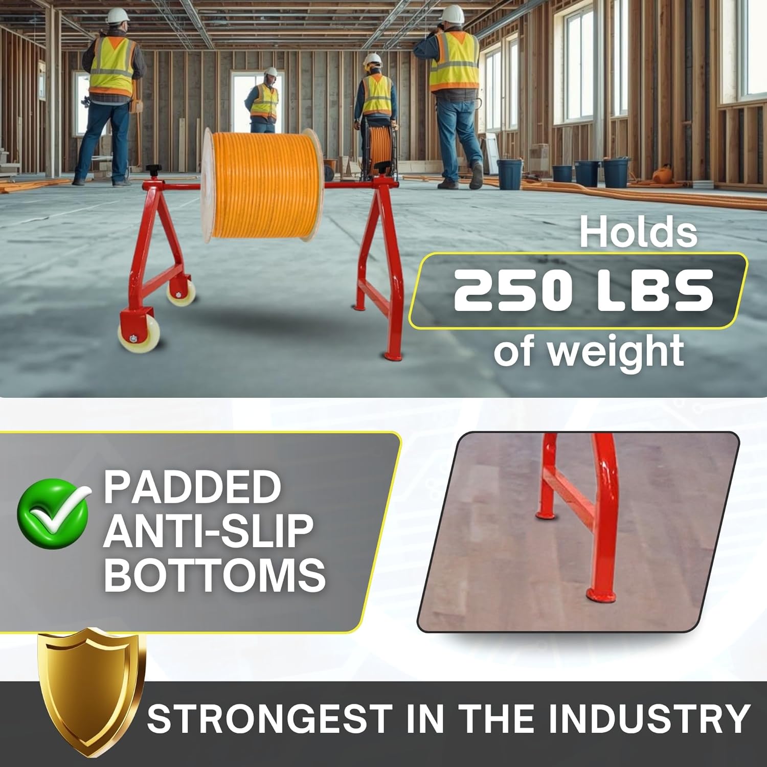 Cable Caddy with 4" Wheels and spool rod - Steel Welded Frame Fits Spools of Wire or Cable Up To 28" Diameter