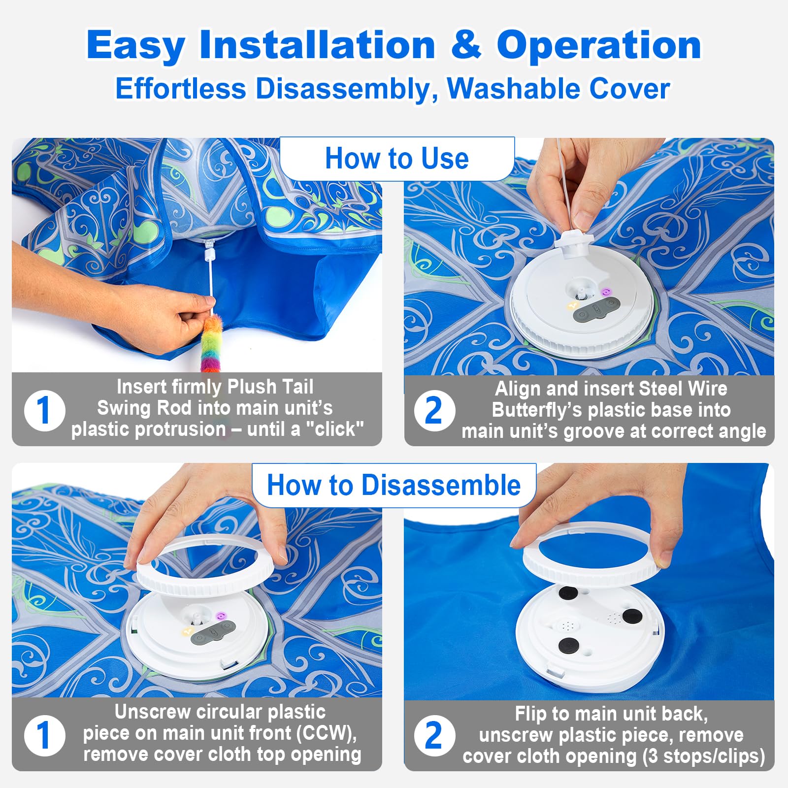 Interactive Cat Toys for Indoor Cats,[Newly Upgraded] Rechargeable Touch Activated Hide and Seek Kitten Toys for Bored Indoor Adult Cats with Fluttering (Blue)