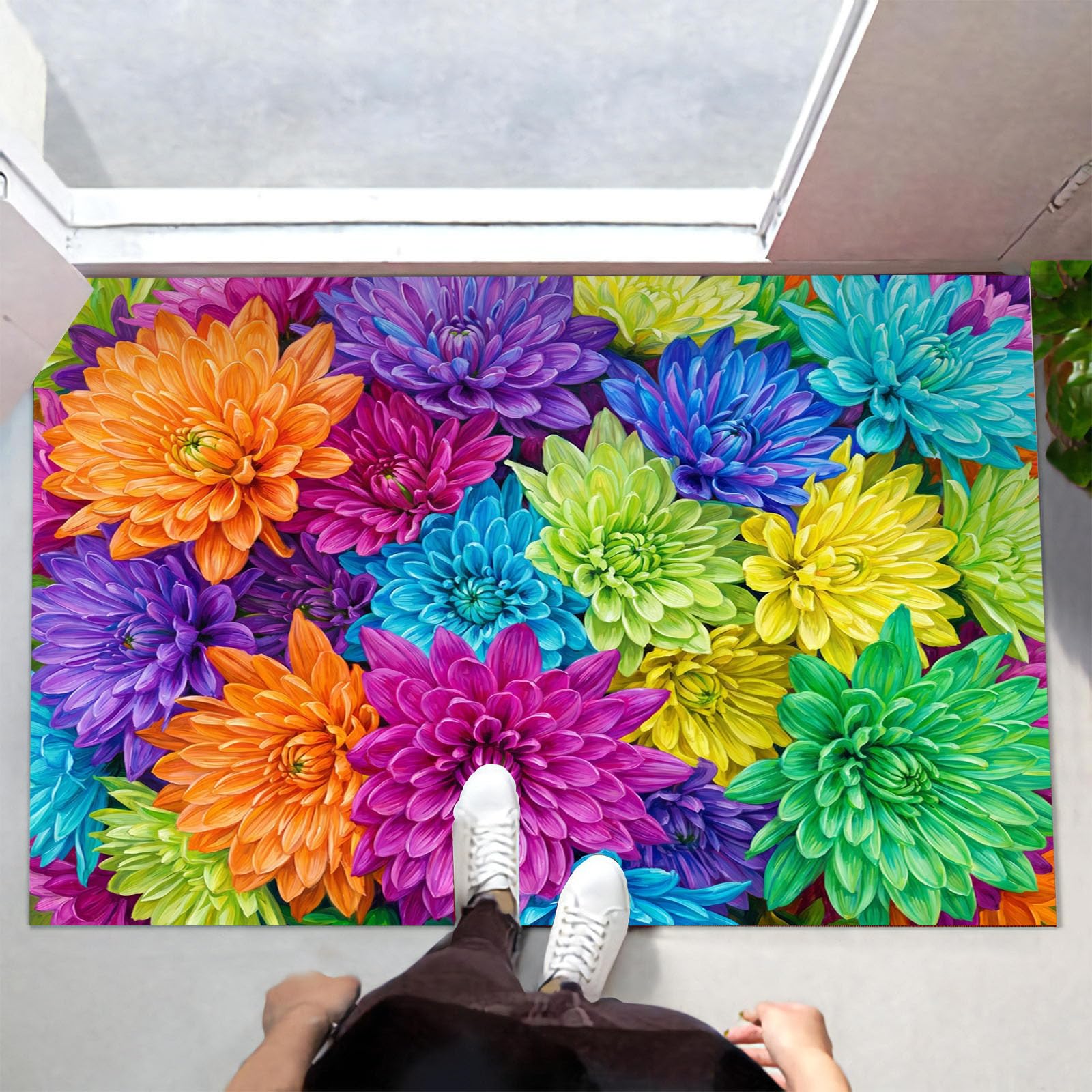 80X120Cm Zerbino Ingresso Interno Antiscivolo Assorbente, Tappeto In Microfibra Sottile Lavabile Con Dalie Rurali Multicolori Piante Arcobaleno Da Sogno Per Cucina Bagno Porta E Animali, Verde Viola