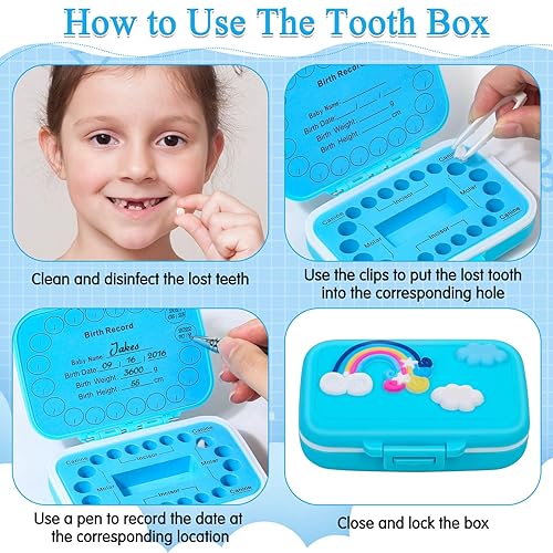 Miniatura 31 de Caffox Paquete de 2 soportes de dientes para recuerdo de niños, caja de hadas de dientes, caja de recuerdo de primer diente, cajas de contenedores