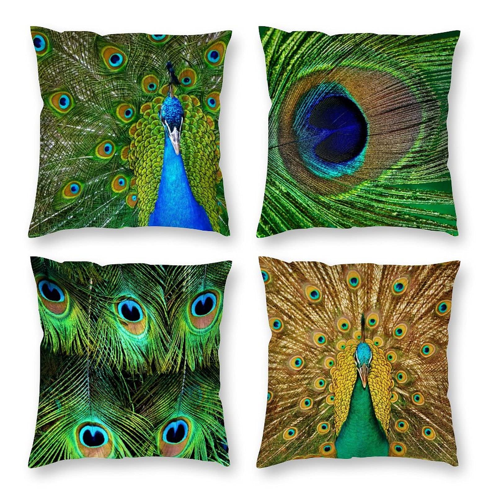 Hostecco Peacock1 Peacock Cushion Covers Pack Of 4 Square Feather Pillow Cases Decorative Throw Pillow Covers For Sofa Couch Car Garden 45X45 Cm