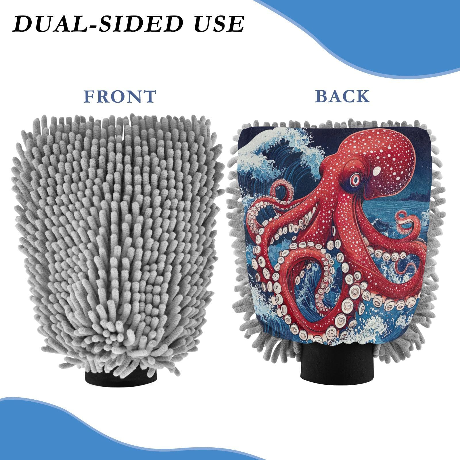 STAYTOP Octopus on The Waves Car Wash Mitt Microfiber, 2Pcs Scratch Free Lint-Free, Premium Chenille Microfiber Mitt Car Wash Brush-L