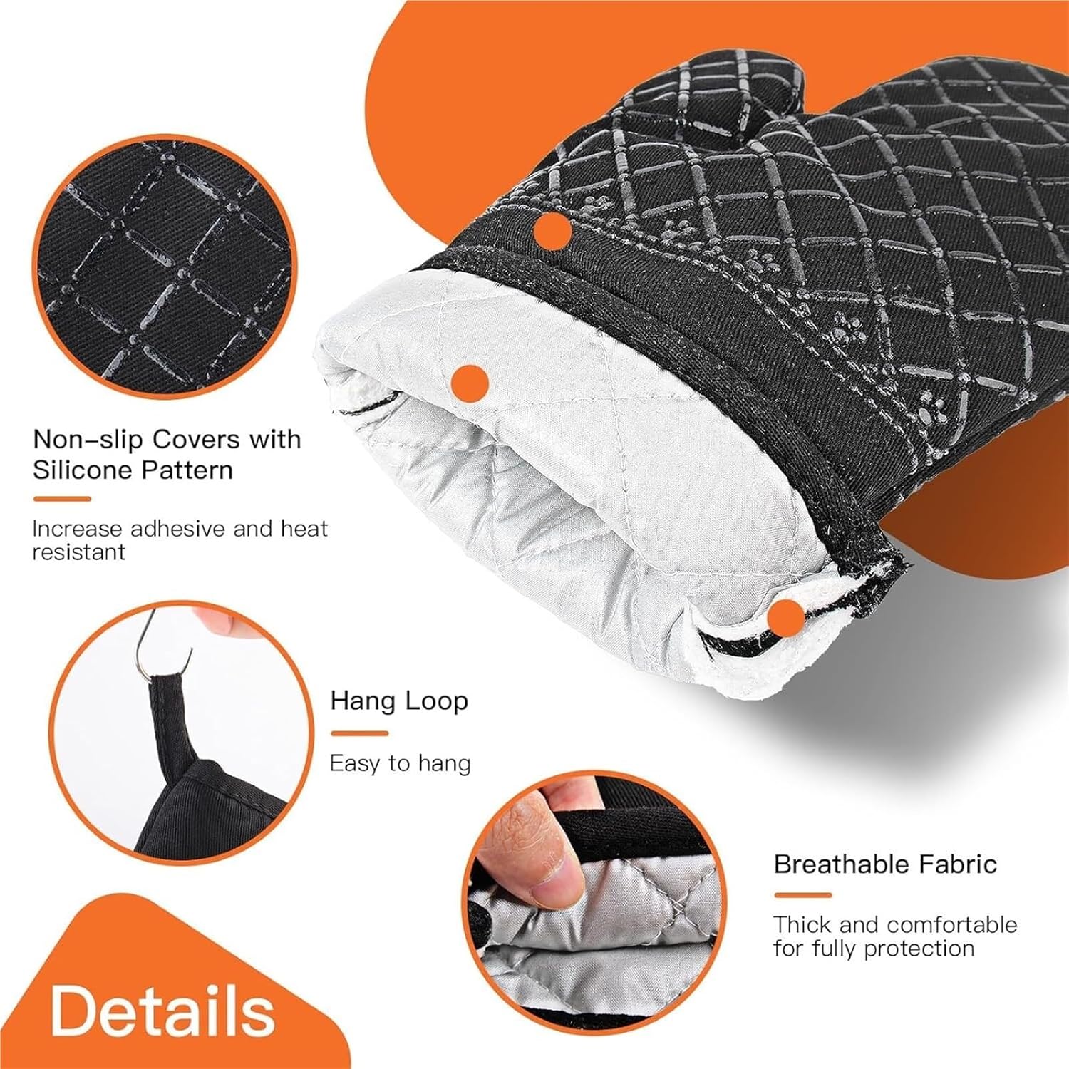 6Pcs High Heat Oven Mitts and Pot Holders, Non-Slip Silicone Surface for Baking Cooking BBQ, Black