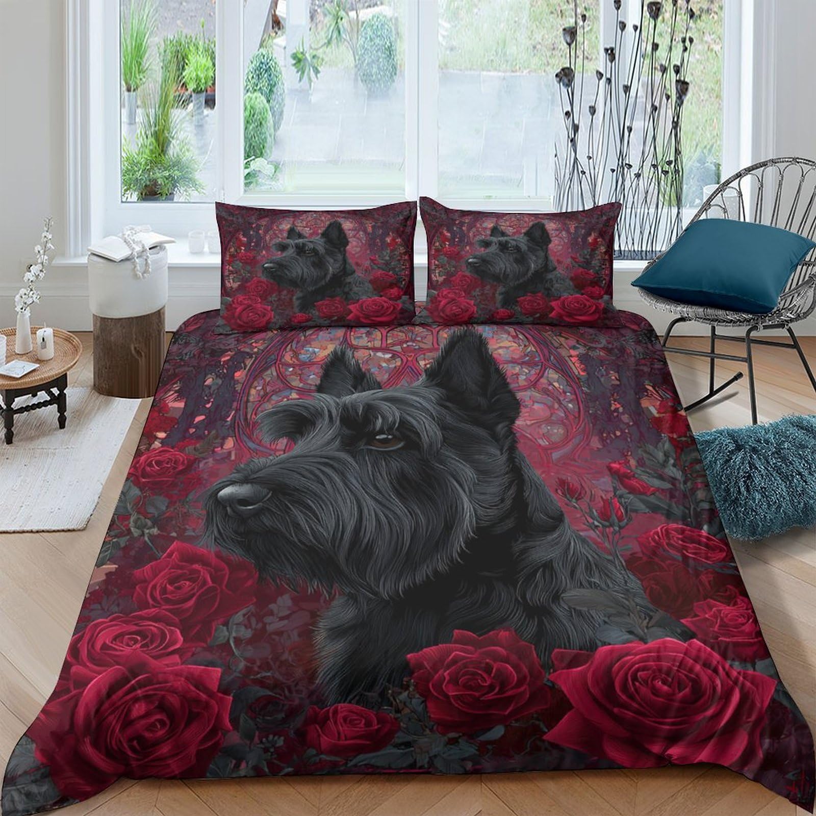 Zqkjxhnpcf Xml0osf2beov 3D Print Com4table Microfibre Scottish Terrier Quilt Cover Breathable Bedding Sets W/ Matching Pillowcase Artistic Floral Design Comforter Cover Easy Care, Washable Bedroom Decor Single(140X200cm)
