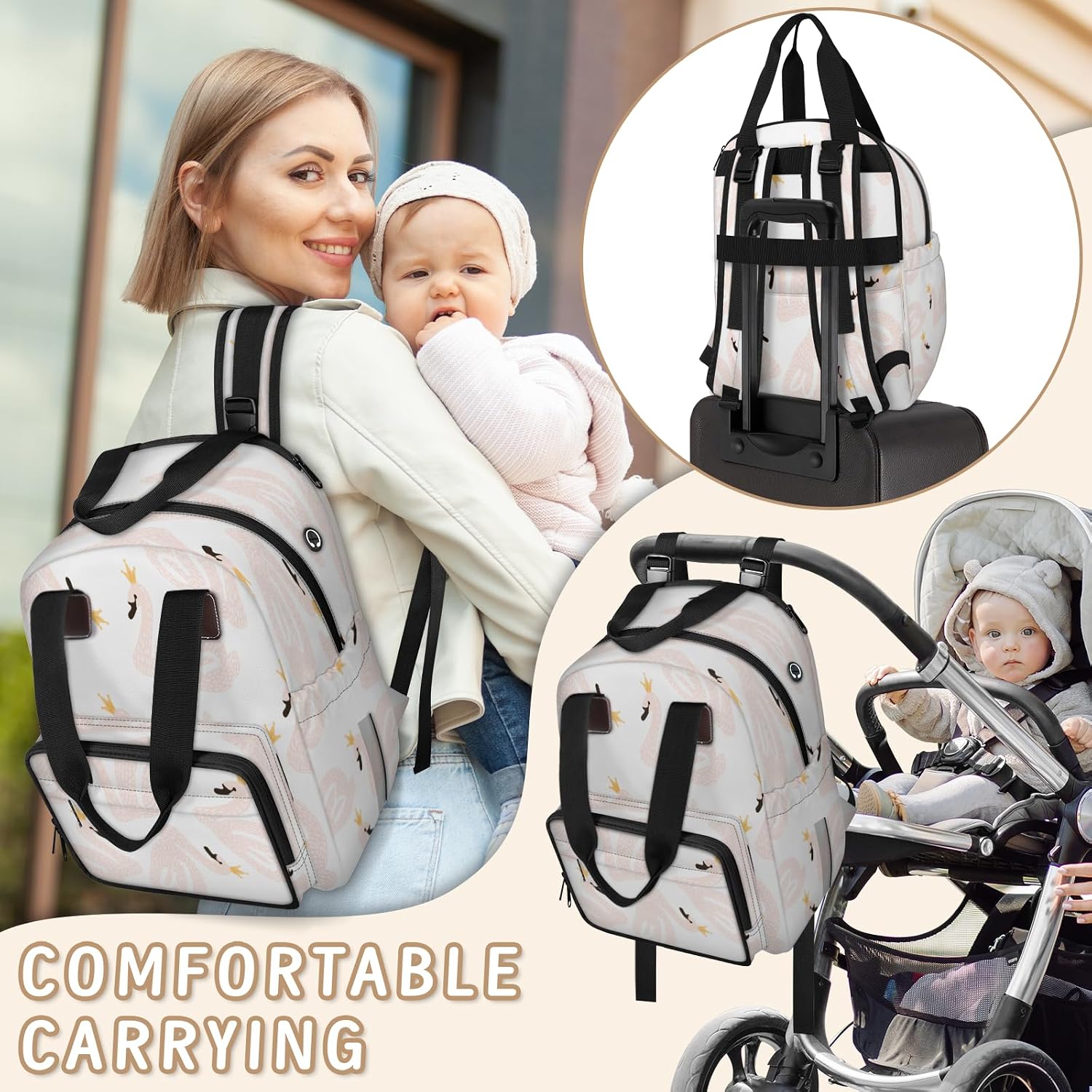 Pink Swan Diaper Bag Backpack-Multi-functional mother and baby bag Thermal compartment USB charging port Large capacity Multi-pocket organizer Stroller can be hung Travel shopping