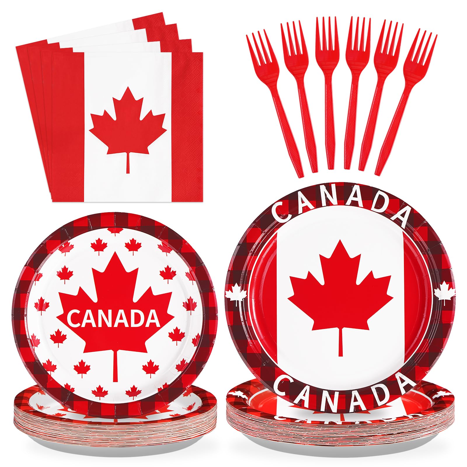 Grencian 96Pcs Canadian Flag Party Supplies Canada Day Party Plates and Napkins Red White Maple Leaves Tableware Sets Canada Birthay Decorations Favors for Anniversary Family Gathering Serves 24