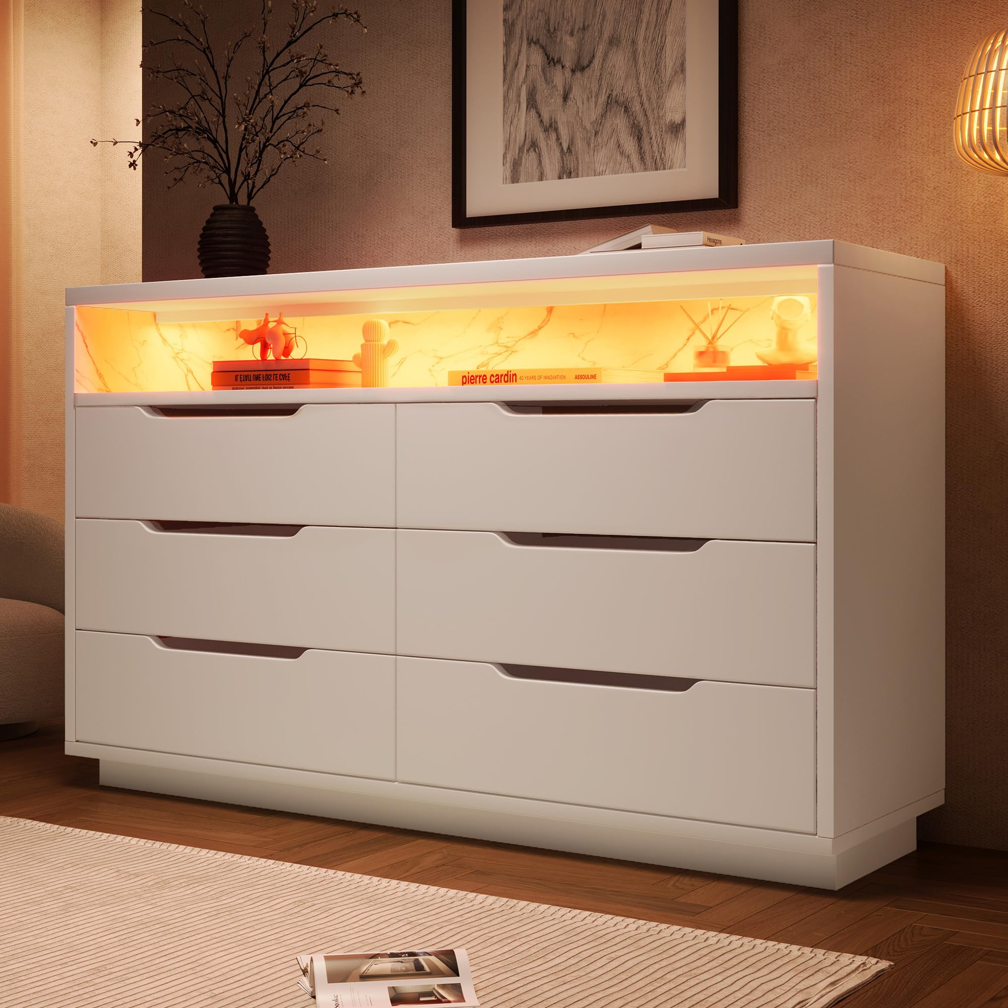 ModernLuxe 6-Drawer LED Sideboard Modern Storage Cabinet with Open Shelves, White Chest of Drawers for Living Room & Home Office, 85x120x40 cm — image 1