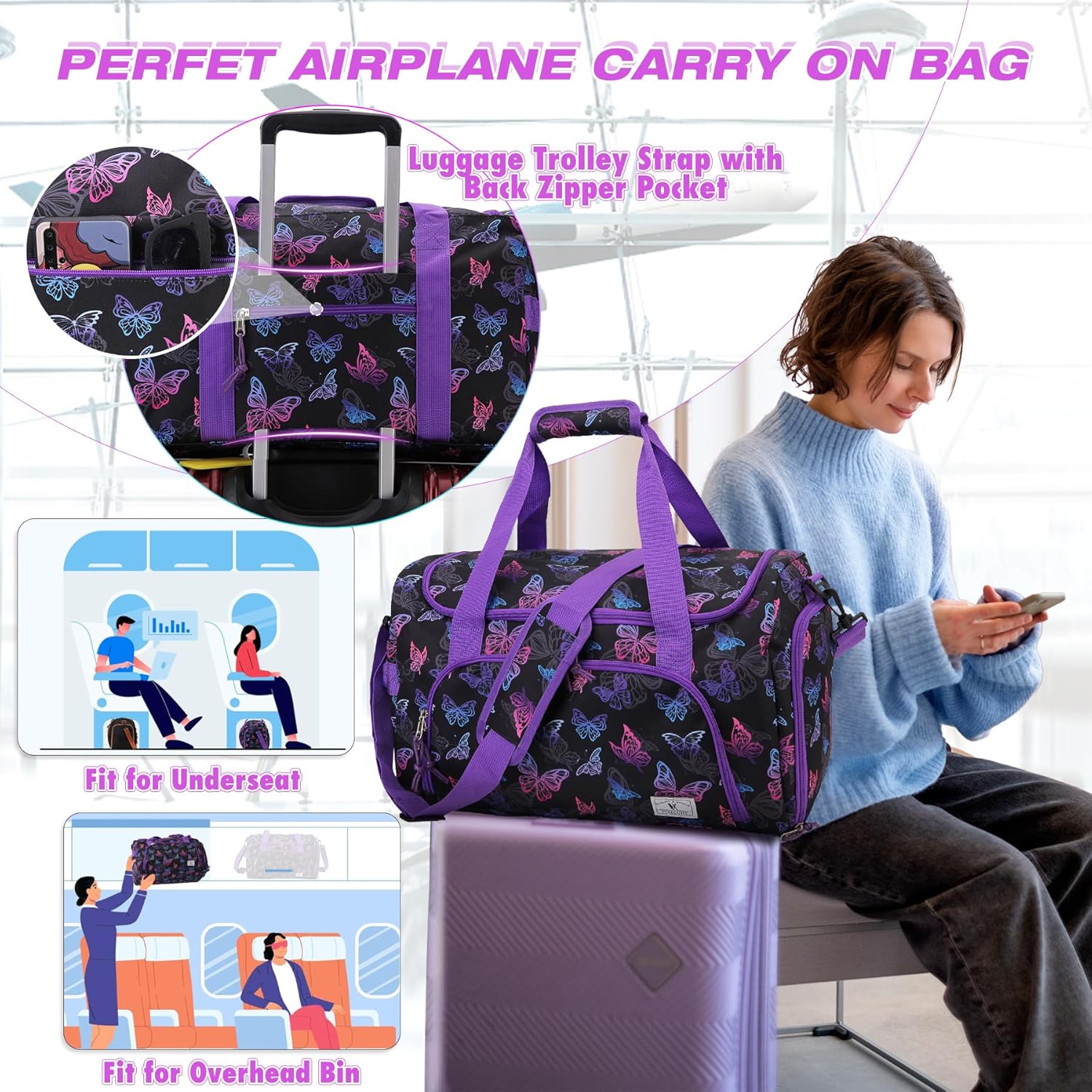 Weekender Travel Bag, Women Fashion 30L Duffle Tote Bag with Trolley Sleeve,Wet Pocket Shoe Compartment for Yoga,Overnight,Dance,Business Trips(Purple Butterfly) - Image 2
