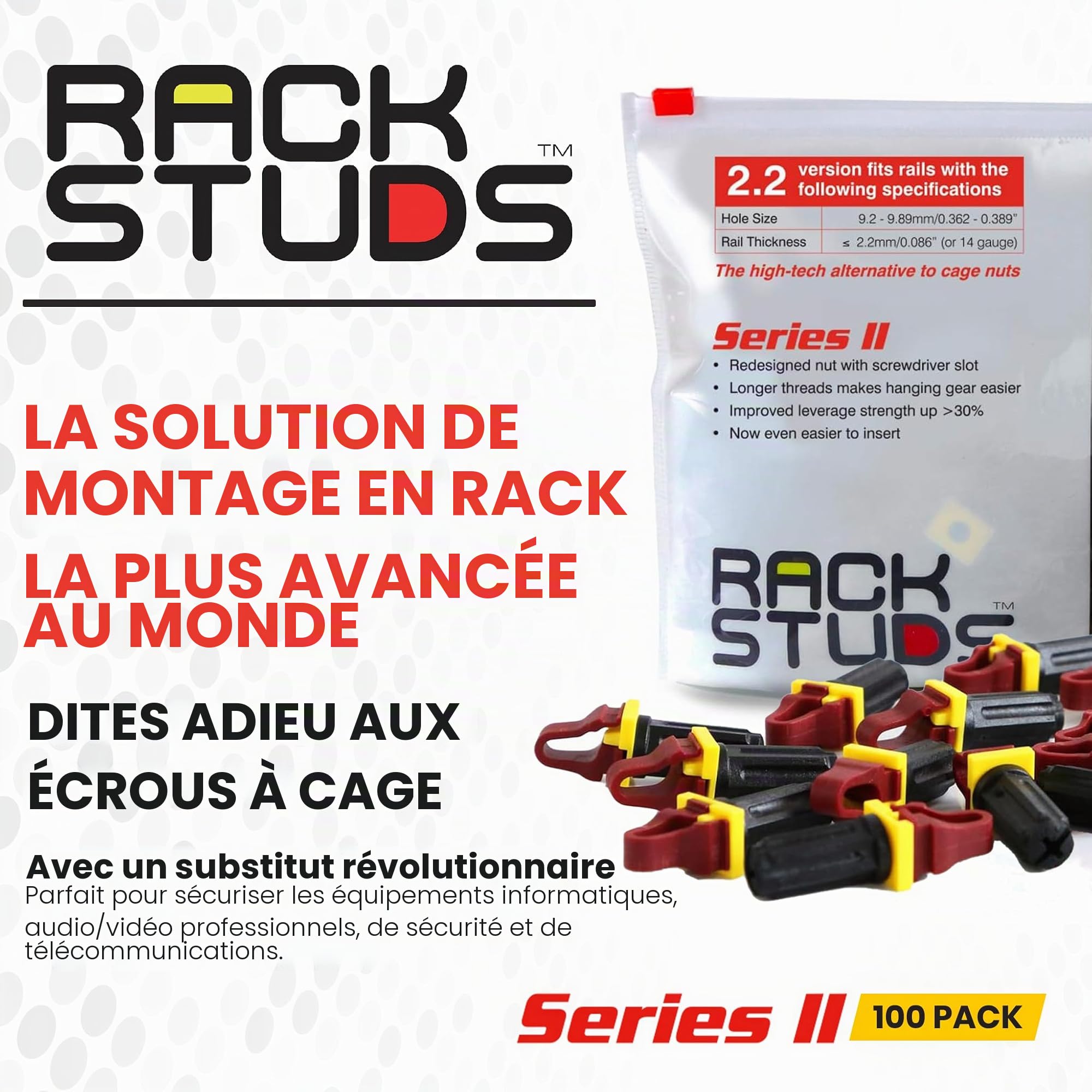 Rackstuds R100 Series II Rack Mount Screws - Vis et écrous pour Rack de Serveur remplaçant Les Rails verticaux 19" à Perforation carrée, sans Utiliser l'outil d'écrous - Rouge 2.22mm/0.086 100 Pack
