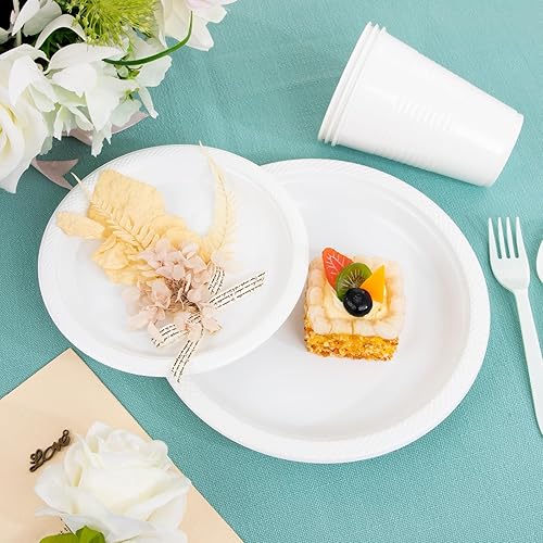 Miniatura 4 de MirthMood - 350 platos desechables blancos, platos desechables redondos de color sólido para fiestas, incluyendo 50 platos llanos, 50 platos de