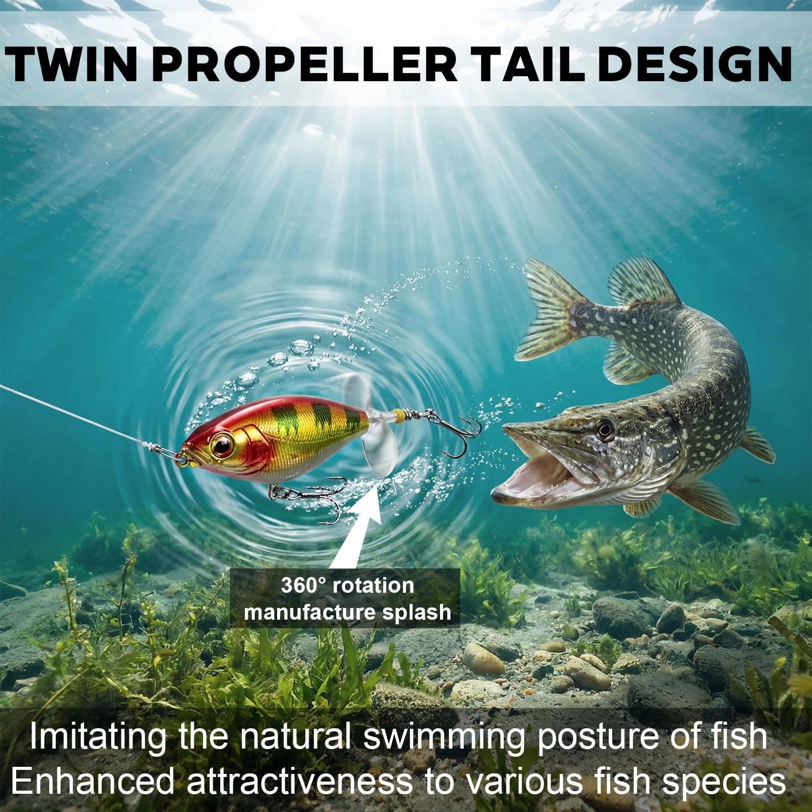 4 Pezzi Esche Artificiali Esche da Pesca Whopper Plopper Spigole esche Pesca Artificiali Spinning Mare con Coda a Spirale e Ami da Pesca Punte per Pesce Gatto Bass Pike (8 cm/10 g)