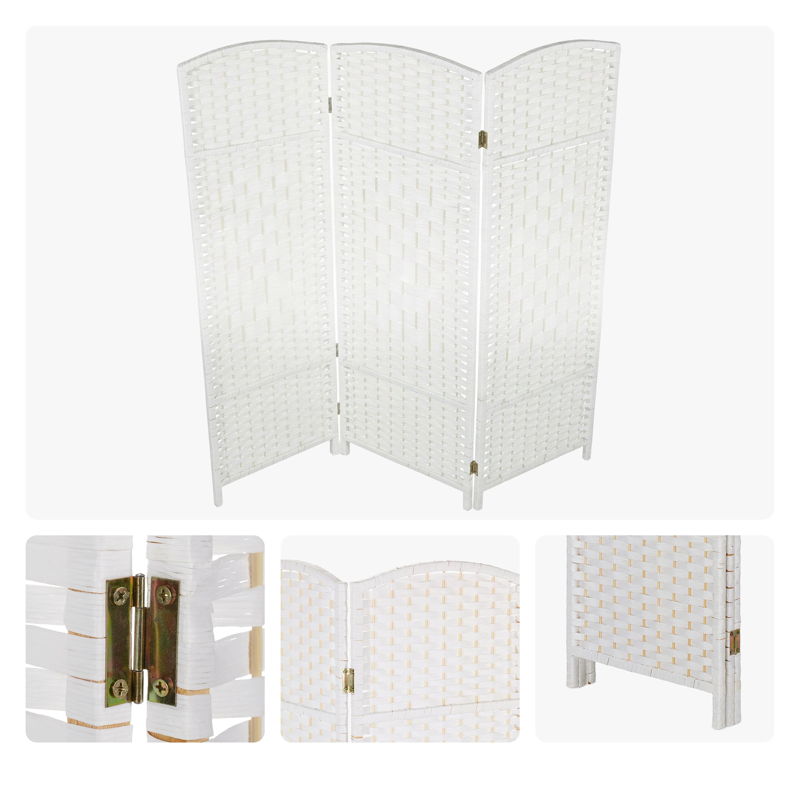 Relaxdays Paravent, Bois et Corde de Papier, Brise-Vue Pliable, 3 Volets, H x L : 170 x 120 cm, pour intérieur, Blanc