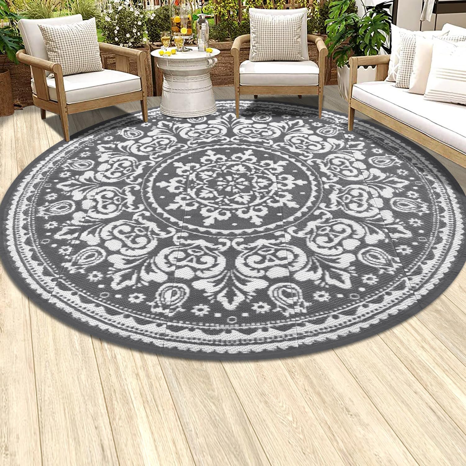 SHACOS Outdoor Rug 180cm Grey Round Plastic Straw Rug Waterproof Reversible Outdoor Mats for Garden Portable Camping Rug Outdoor Carpet for RV Patio Backyard Deck Picnic Beach