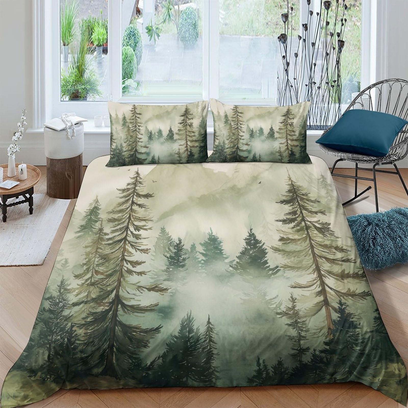 Ctjqhvkz Style-5 3D Printed Misty Forest Fitted Sheet Microfiber Soft Green Pine Trees Bed Cover For Bedroom Guest Room Mattress Decor Single（135X200cm）