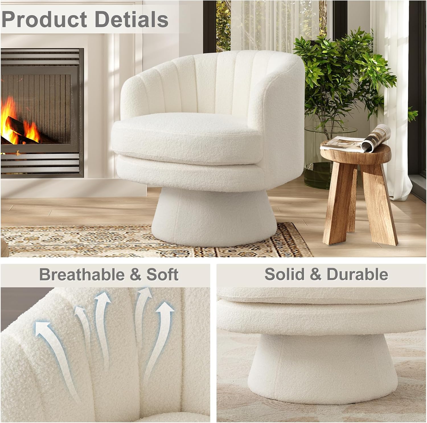 Swivel Accent Chair Barrel Vanity Chairs, Mid Century Modern Chair for Living Room Bedroom Small Spaces, Armchair Vanity Swivel Chairs with Removable Padding (1, White)