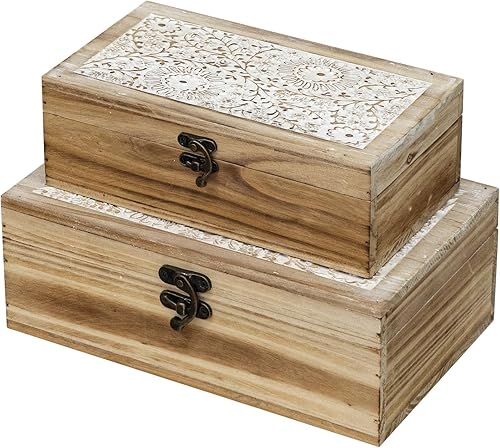 Miniatura 10 de Juego de 3 cajas decorativas de madera, caja de recuerdo rústica con tapa con bisagras y diseño floral tallado, caja de almacenamiento de madera