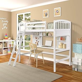 Solid Wood Twin Size Loft Bed, Study High Loft Bed Frame with Reversible Ladder and Wood Desk for Kids, No Box Spring Needed, White