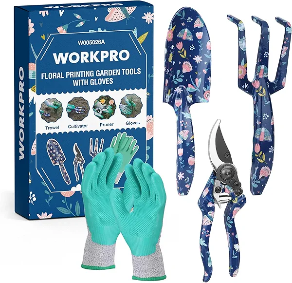 WORKPRO Aluminum Garden Tool Set, 4PCS Heavy Duty Hand Garden Tools with Box Include Trowel, Rake, Pruner, Garden Gloves, Floral and Insect Printing, Garden Gifts Blue insect