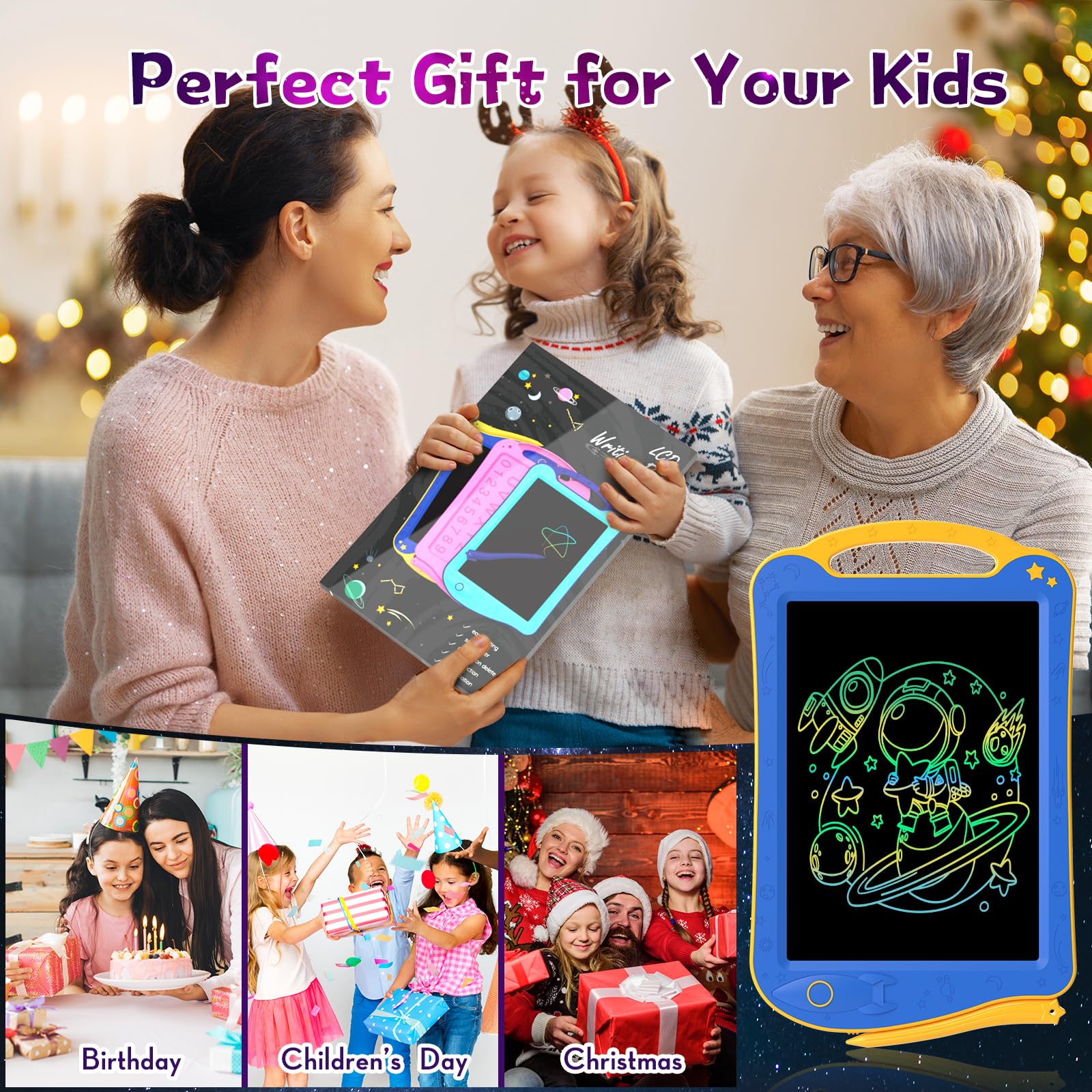 GUYUCOM Drawing Tablet, Toddler Toys for 2 3 4 5 6 Year Old Boys Girl Gift, Colored Drawing Tablet for Kids Travel Activities Toy, Yellow/Blue — view 6