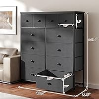 Vista 3 de Cómoda alta para dormitorio con 12 cajones, cómoda de tela y cómoda con marco de metal resistente, parte superior de madera, armario