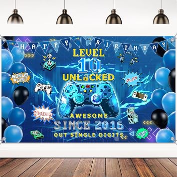 10th Birthday Decorations Backdrop for Boys - Level 10 Unlocked Video Game Banner, Out Single Digits Sign, Blue Gaming Theme Backdrop for 10 Year Old Party Supplies