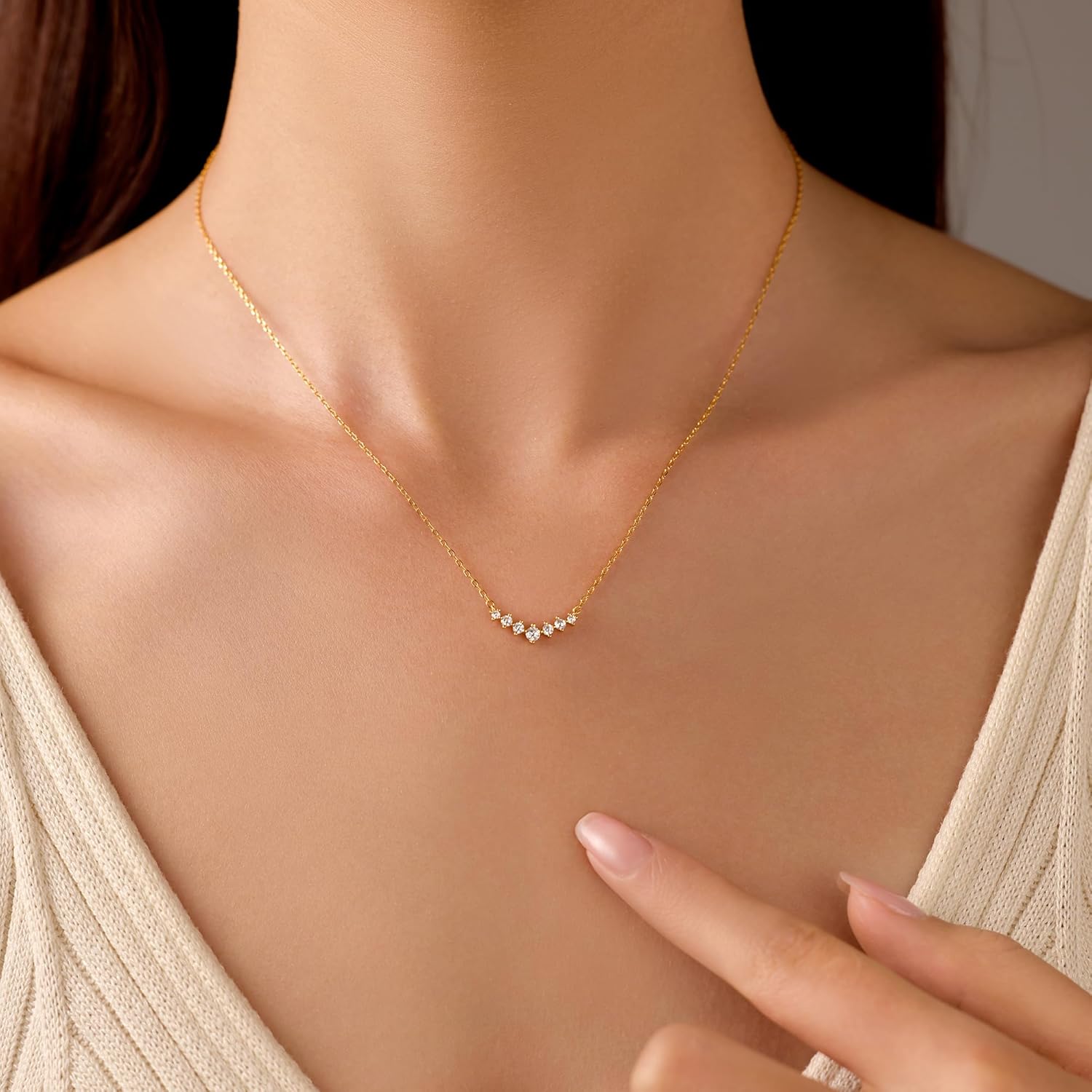 Curved Bar Pendant Necklace for Women 925 Sterling Silver Cubic Zirconia Pendant for Mother 14K Gold Plated V Shaped Charm Necklace for Mother Daughter Wedding Valentines Day Jewelry Gifts - Image 2